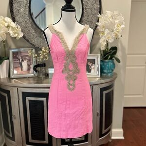Lilly Pulitzer Pink Mini Dress with Gold Embellished V-Neck